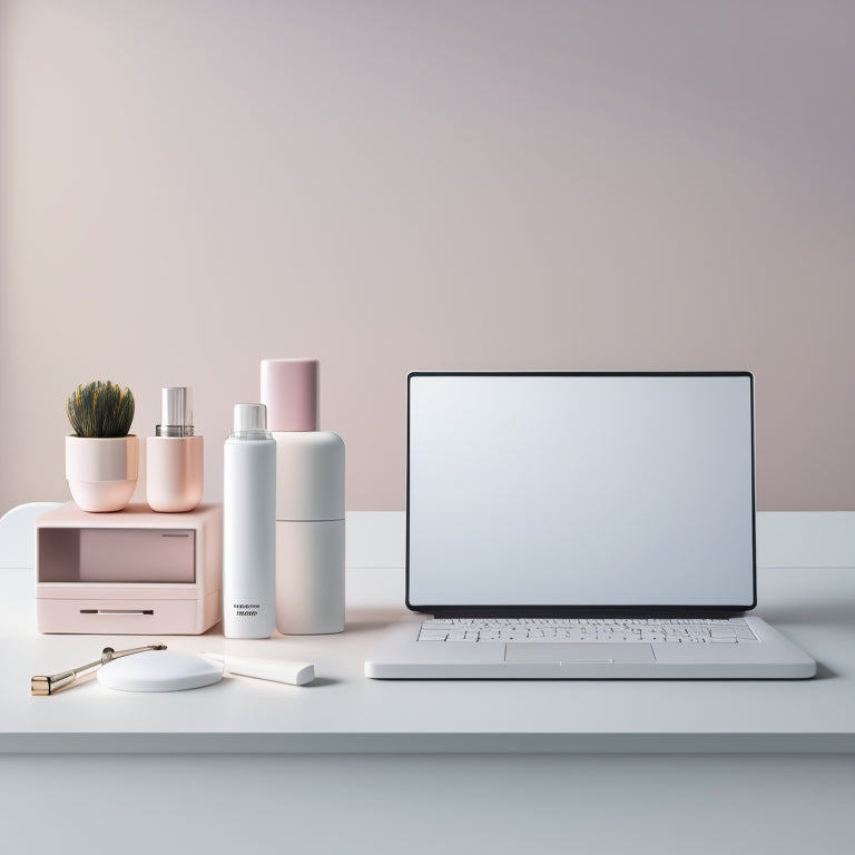 A minimalist digital illustration featuring a tidy cosmetic station with a laptop, organized makeup products, and a few stylized digital tablets displaying schedules and client information, set against a clean, pastel background.