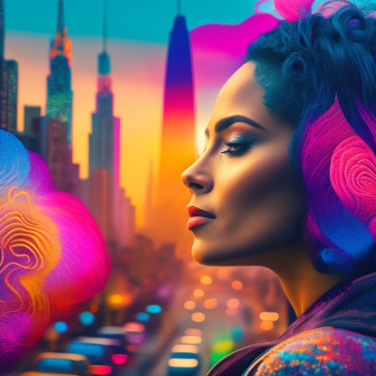 A vibrant, abstract cityscape with a stylized, silhouette of Joleen Rose at the center, surrounded by swirling patterns of paintbrush strokes, musical notes, and urban textures.