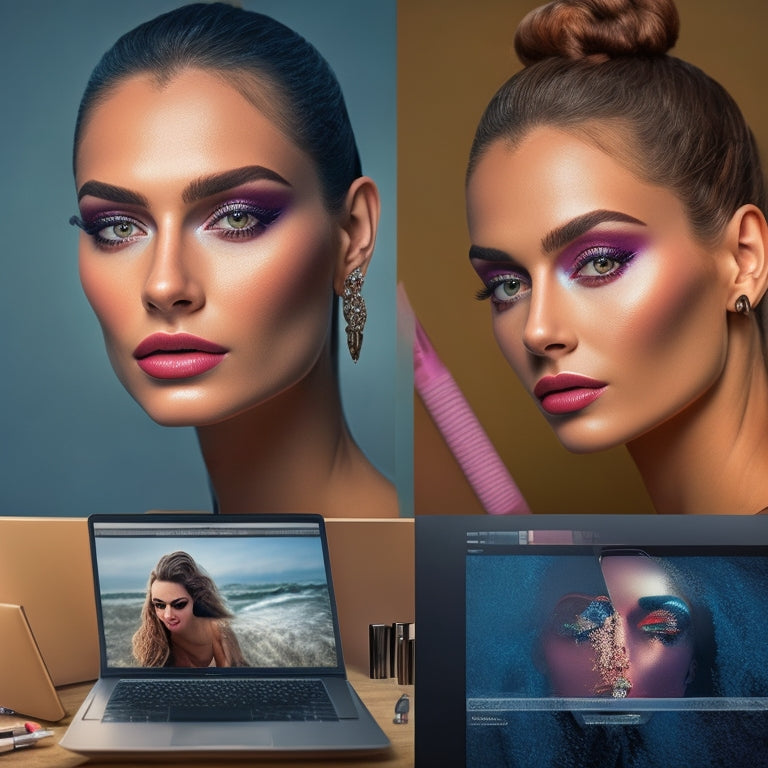 A split-screen image featuring a beautiful, flawless face with intricate makeup design on one side and a laptop with an online course website open on the screen on the other side, surrounded by makeup brushes and cosmetics.