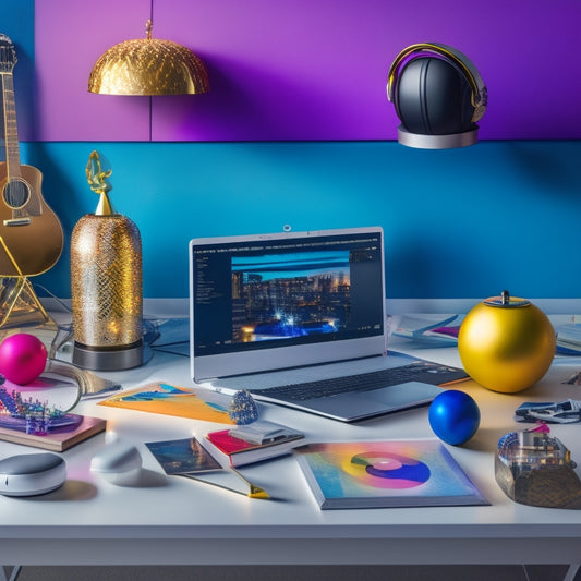 A sleek, modern desk with a laptop, notebook, and pen, surrounded by colorful dance-themed items like a ballet shoe, a vinyl record, and a pair of maracas, with a subtle cityscape background.