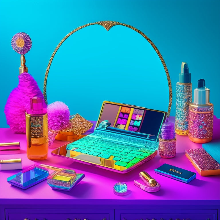 A whimsical, dreamy illustration of a dancer's vanity, adorned with colorful makeup palettes, glittering eyeshadows, and rhinestones, surrounded by laptops and smartphones displaying social media feeds.