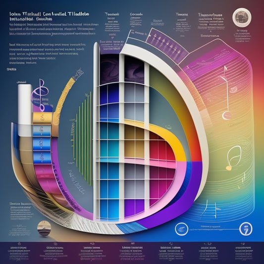 A stylized illustration of a musical timeline, divided into sections with varying colors and patterns, showcasing different rhythmic patterns, including 4/4, 3/4, and 2/4 time signatures, with musical notes and rests of varying lengths and shapes.