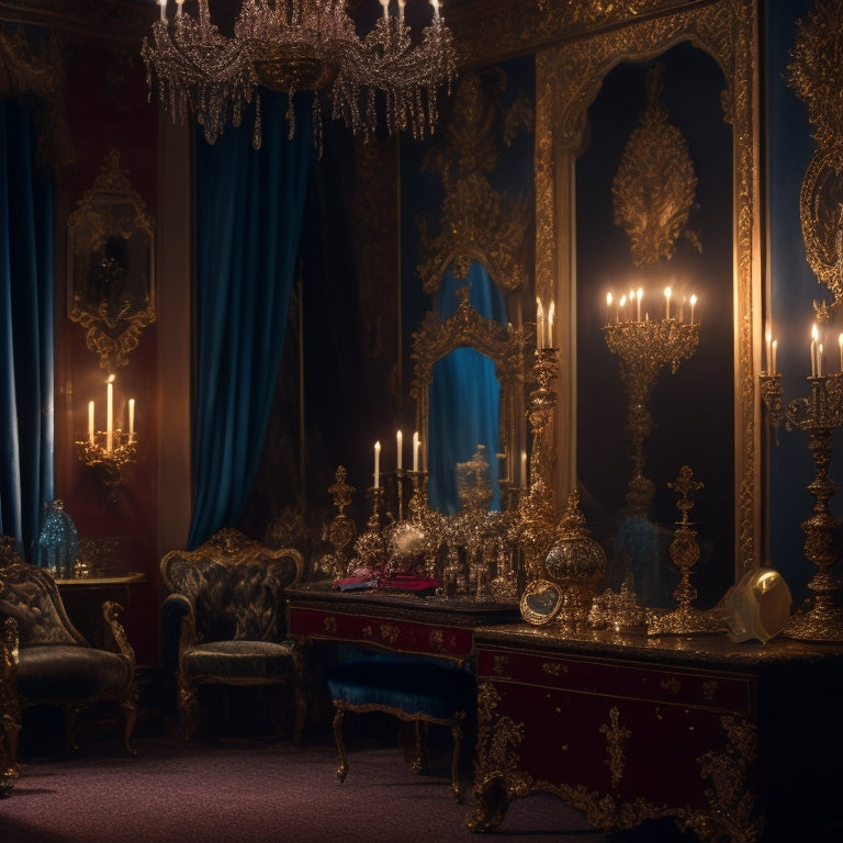 A whimsical, dimly lit, ornate dressing room with a velvet-draped backdrop, adorned with lavish costumes, sparkling jewelry, and decorative accessories, surrounded by candelabras and mysterious, antique trunks.