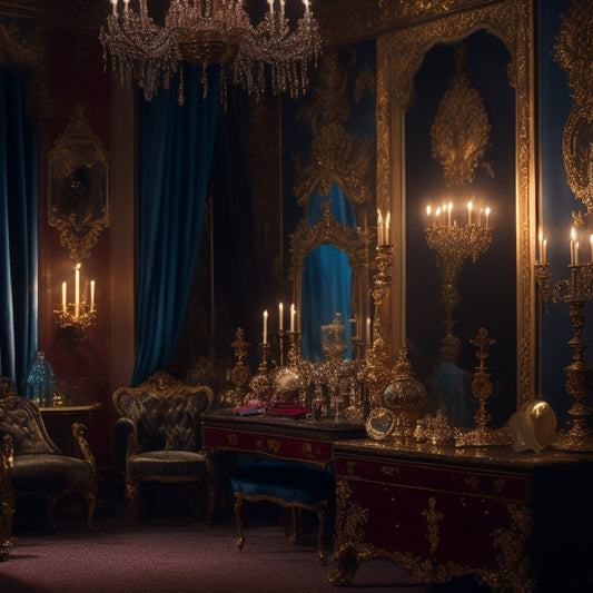 A whimsical, dimly lit, ornate dressing room with a velvet-draped backdrop, adorned with lavish costumes, sparkling jewelry, and decorative accessories, surrounded by candelabras and mysterious, antique trunks.