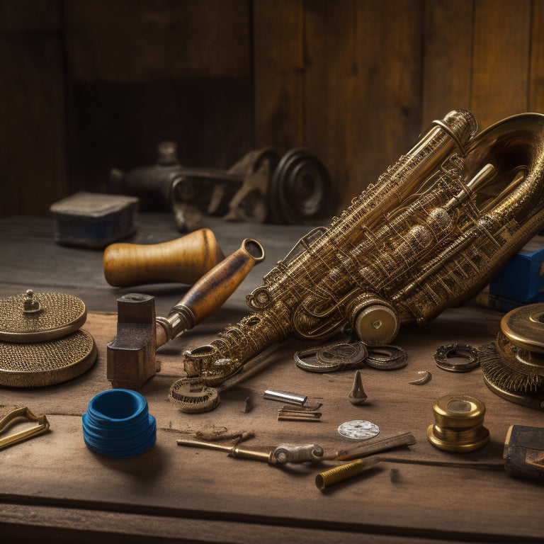 A vintage saxophone lies disassembled on a wooden workbench, surrounded by scattered tools and gears, with a few loose screws and a torn repair manual page in the background.