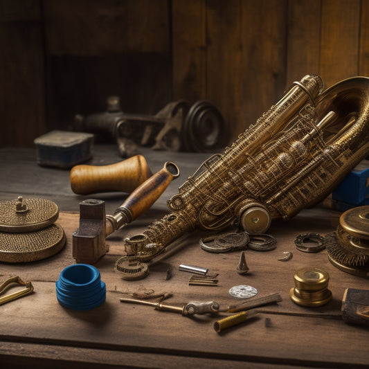 A vintage saxophone lies disassembled on a wooden workbench, surrounded by scattered tools and gears, with a few loose screws and a torn repair manual page in the background.