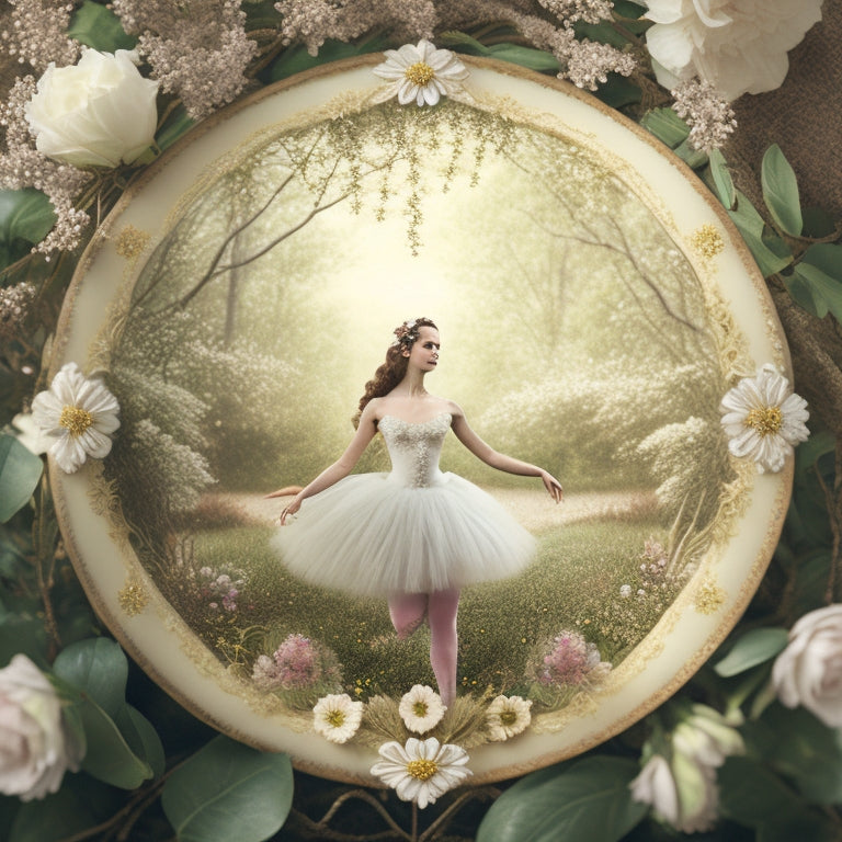 A whimsical illustration of a delicate ballerina surrounded by lush flowers, tendrils, and vines, set against a soft, creamy background with subtle golden accents and ornate frames.