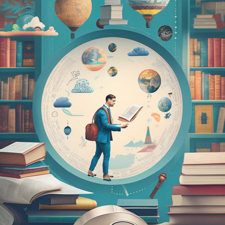 A whimsical illustration of a person surrounded by floating PDF icons, with a magnifying glass in hand, amidst a subtle background of scattered books and a faint world map, conveying discovery and exploration.