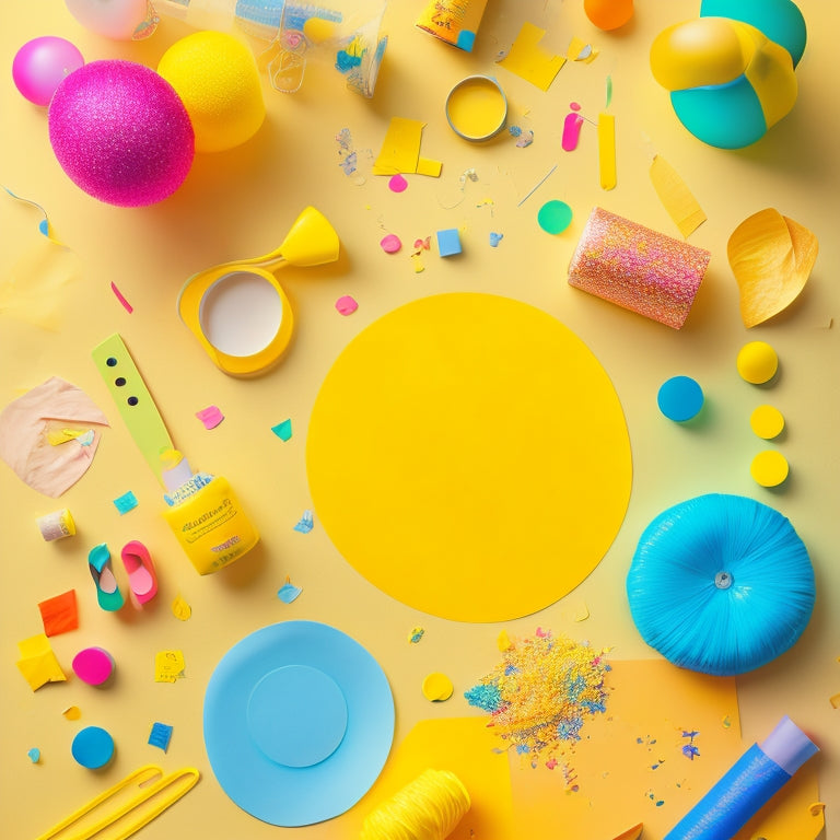 A whimsical illustration featuring a bright, sunny yellow background with scattered confetti and balloons, surrounded by colorful craft supplies like scissors, glue, and paper scraps.