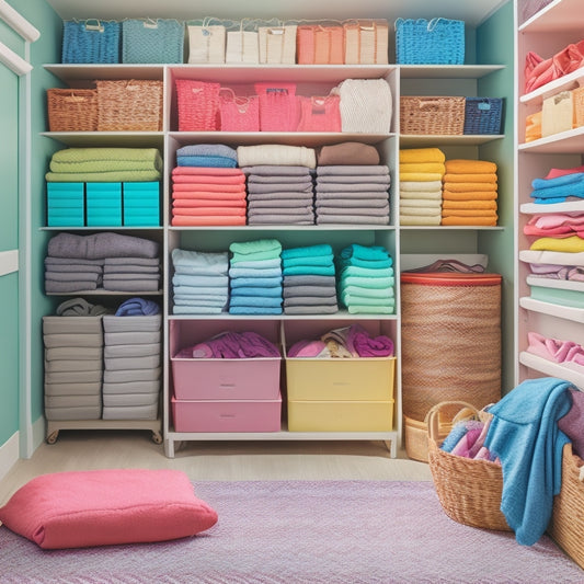 A bright, neatly organized storage room filled with colorful, labeled bins and clear containers. Rolled and neatly folded clothes in soft pastels, hanging garments on wooden hangers, and a cozy rug underfoot.