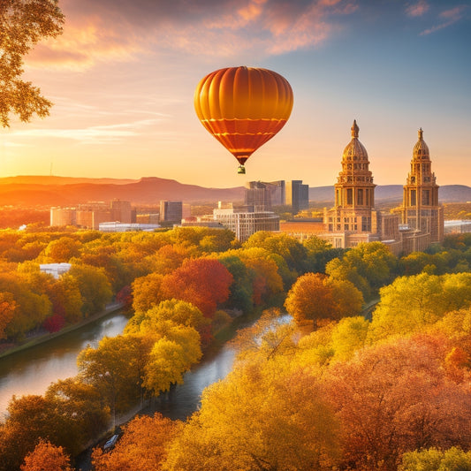A vibrant illustration of the Austin cityscape during fall, featuring the Texas State Capitol building surrounded by autumnal foliage, with hot air balloons, and confetti floating above, amidst a warm golden light.