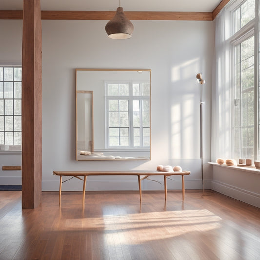 A serene home studio featuring a sleek wooden ballet barre mounted on a mirrored wall, soft natural light streaming in through large windows, and a polished wooden floor, with delicate ballet shoes resting nearby.