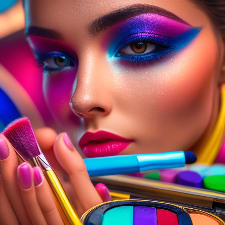 A close-up of a makeup artist's hands holding a brush, surrounded by colorful palettes and makeup tools, with a stunning, glamorous eye makeup look on a model's face in the background.