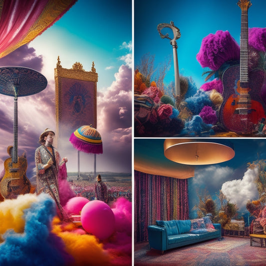 A vibrant collage of paintbrushes, guitars, dance shoes, and spotlights, surrounded by swirling clouds of colorful scarves, set against a backdrop of a grand, ornate theater curtain.