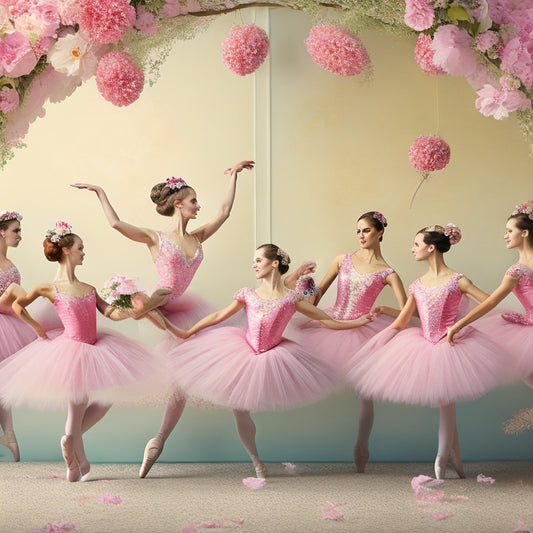 A whimsical illustration of six ballet dancers in various poses, adorned with tutus, ballet shoes, and flowers, set against a soft, pastel pink background with delicate, swirling patterns.