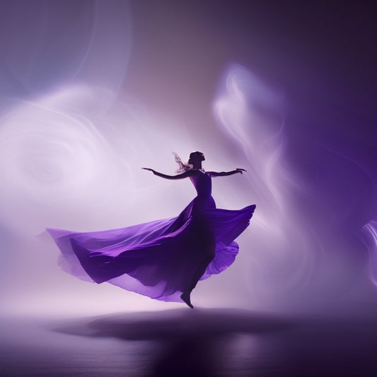 A dimly lit, misty background with a subtle purple hue, featuring a stylized, minimalist illustration of a dancer's silhouette in motion, surrounded by swirling, abstract shapes and wispy lines.