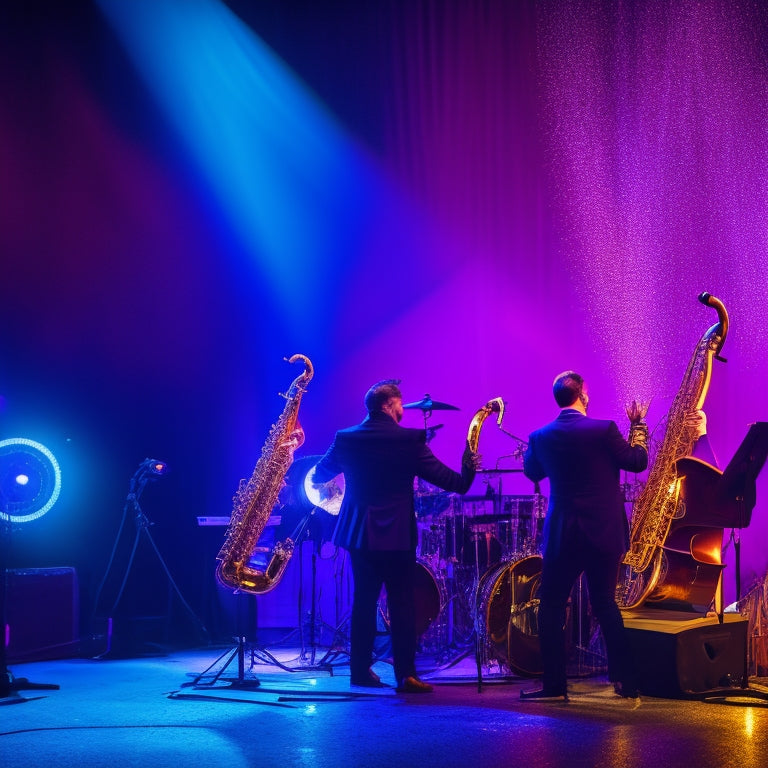 A darkened concert hall stage with two spotlit saxophonists, surrounded by abstract, swirling patterns of colorful lights, with hints of movement, evoking dynamic energy and modernity.