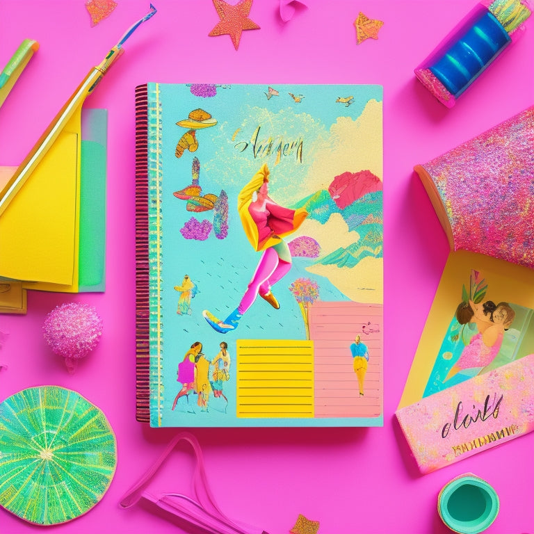 A colorful, whimsical illustration of a planner opened to a weekly spread, adorned with various dance-themed stickers, including ballet shoes, music notes, and leotards, surrounded by washi tape and colorful pens.