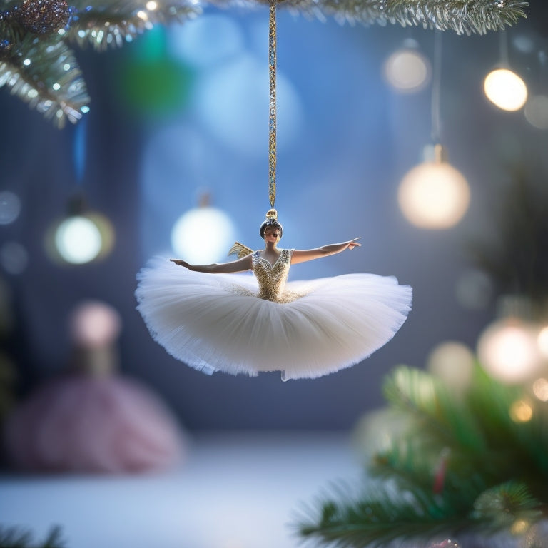 A serene, glowing ballerina ornament with a delicate, sparkling tutu and a gentle, ethereal aura, surrounded by soft, shimmering lights and subtle, swirling mist.