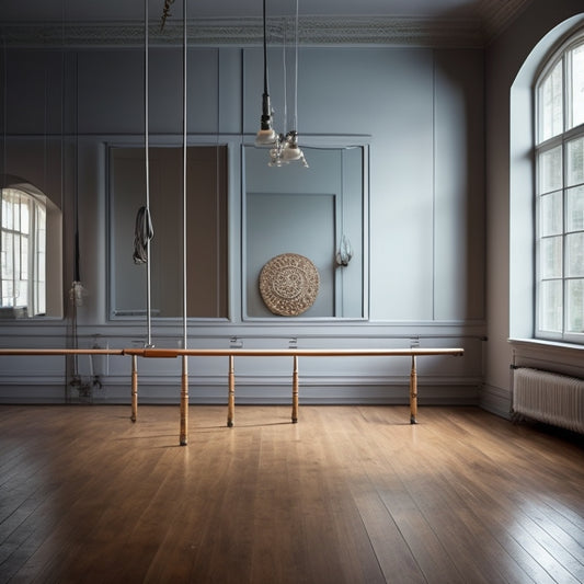 A serene, well-lit dance studio with a few ballet barres of varying materials (wood, metal, and adjustable) against a pale gray wall, with a few ballet shoes scattered on the floor.