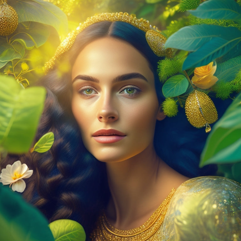 A whimsical illustration of a serene woman surrounded by lush greenery, gazing at a mystical, shimmering wallpaper adorned with golden accents, her eyes sparkling with inner radiance.