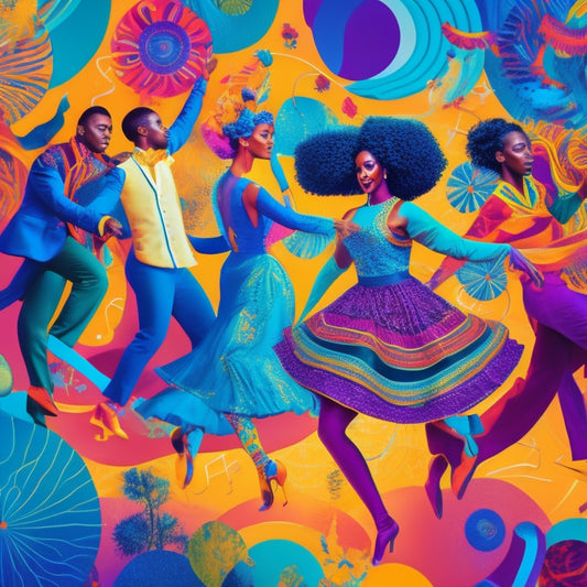 A vibrant, whimsical illustration featuring a diverse group of people dancing in various styles, surrounded by colorful swirling patterns and musical notes, set against a bright, gradient blue background.