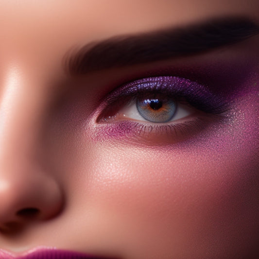 A close-up of a dancer's face, spotlight shining on it, with a bold, shimmering eye shadow look, individual lashes applied, and a subtle, rosy lip gloss, against a dark, blurred background.