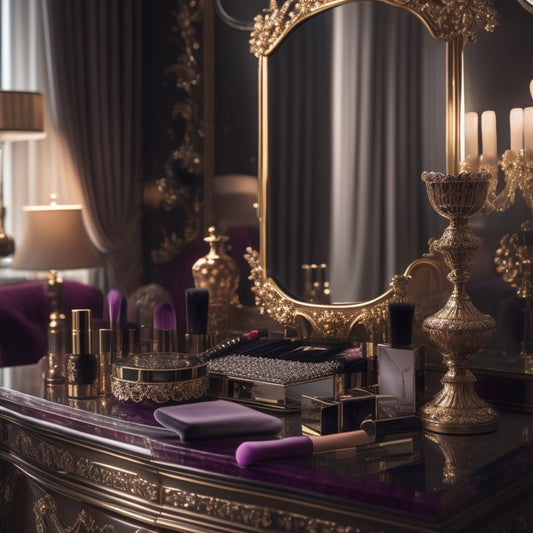 A luxurious, velvet-covered vanity table with a stunning, ornate mirror, surrounded by an array of high-end makeup products, brushes, and tools, with soft, golden lighting and subtle shadows.