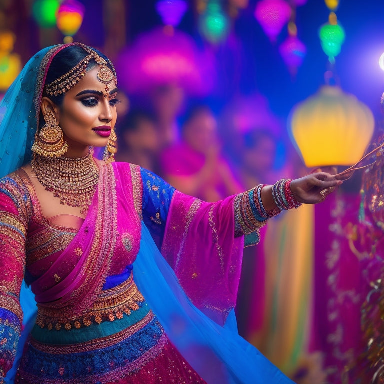 A vibrant, colorful scene featuring a dancer in a flowing, embroidered costume, surrounded by digital props like sparkling henna hands, Bollywood-style lanterns, and intricately designed dupattas.