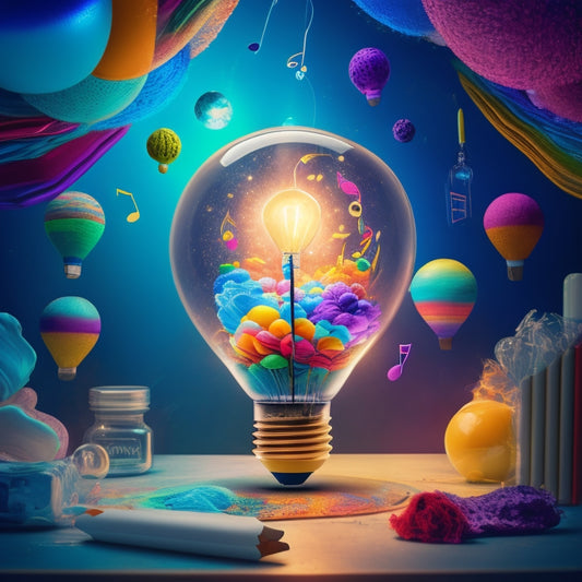 A whimsical, dreamlike illustration featuring a giant, glowing lightbulb suspended amidst a swirling, vibrant vortex of colorful pencils, paintbrushes, and musical notes, surrounded by floating, interconnected thought bubbles.