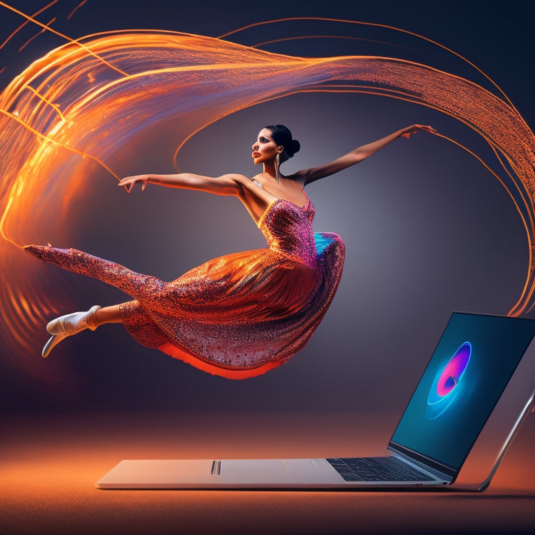 A stylized illustration of a dancer in mid-air, surrounded by swirling lines and shapes resembling musical notes, with a subtle laptop and Wi-Fi signals in the background.