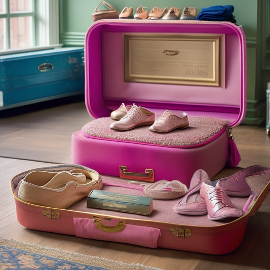 A ballet dancer's open suitcase overflowing with organized piles of dance shoes, costumes, and accessories, surrounded by a cluttered yet tidy dressing room backdrop.