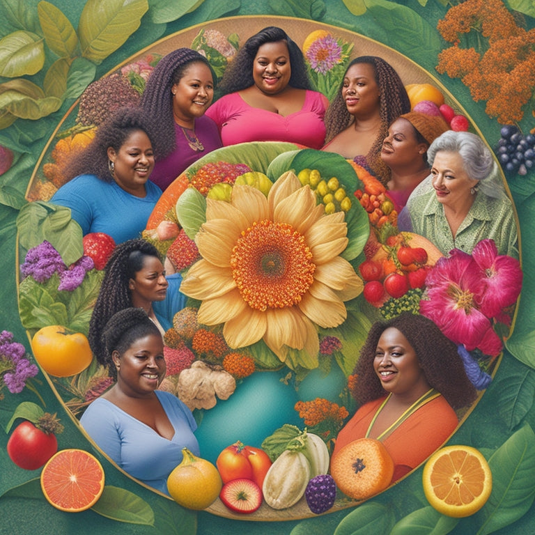 A warm and inviting illustration of a diverse group of curvy women of different ages, ethnicities, and abilities gathered around a large, vibrant flower, surrounded by healthy fruits and vegetables.