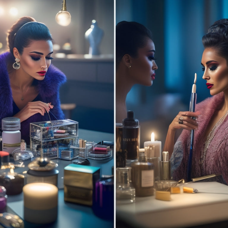 A split-screen image featuring a glamorous, spotlit makeup station with brushes and products on one side, and a cluttered, dimly lit workspace with messy makeup bags and exhausted artist on the other.