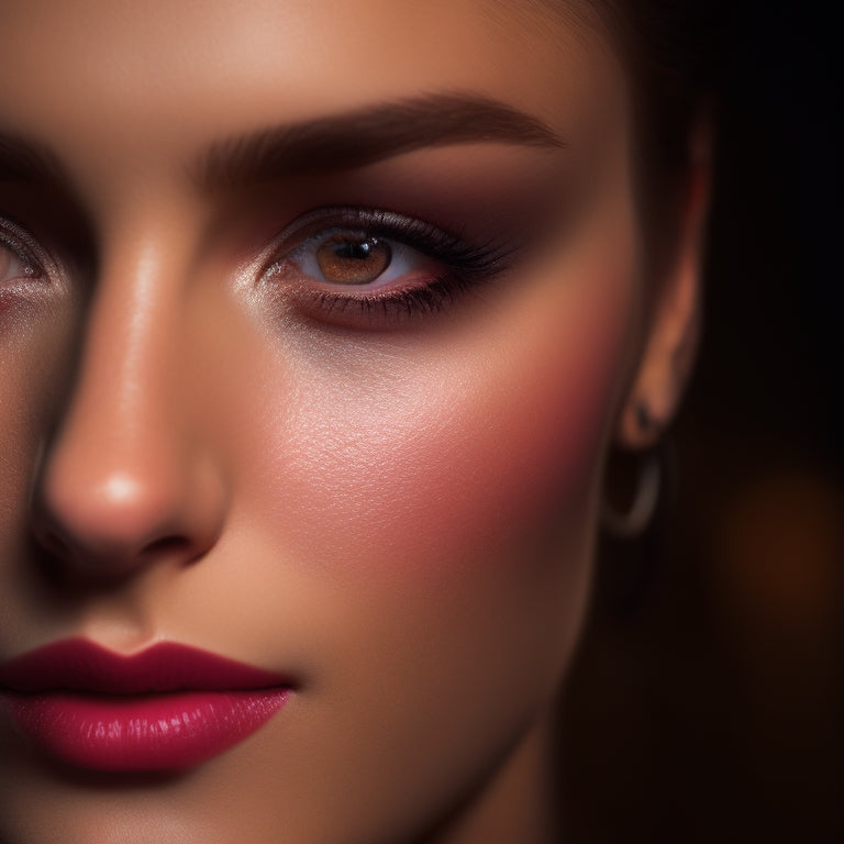 A glamorous, close-up shot of a dancer's face, with perfect, shimmering eye shadow, bold eyeliner, and rosy cheeks, set against a blurred, dark background with subtle stage lights.