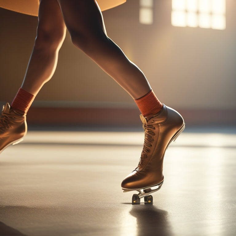 A close-up of a strong, toned leg, with defined calf muscles and a prominent quadriceps, posed in a dynamic skating stance, with a subtle blur effect to convey movement.