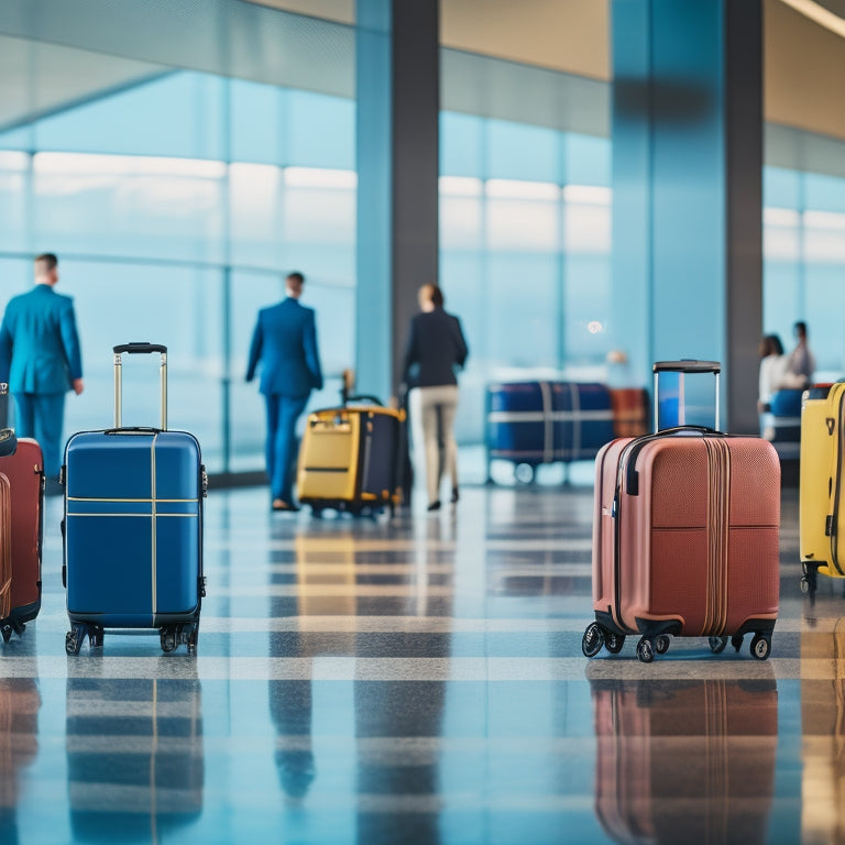 A sleek airport scene with 5 high-quality wheeled suitcases in the foreground, each with distinct designs, colors, and features, on a polished floor, with blurred travelers in the background.