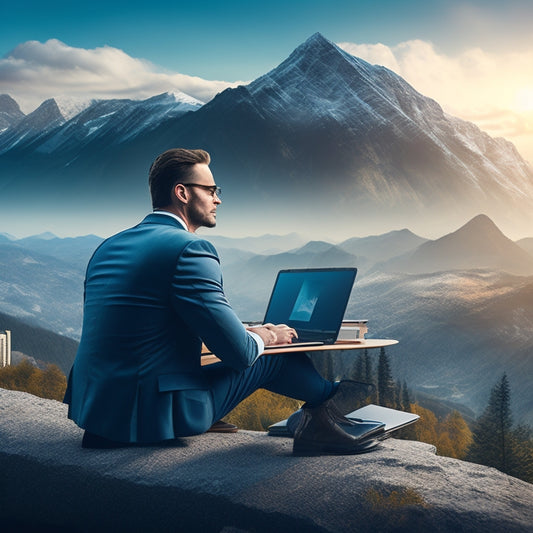 A stylized illustration of a confident entrepreneur sitting in front of a laptop, surrounded by overflowing files and notebooks, with a cityscape or mountain range in the background, symbolizing limitless opportunities.