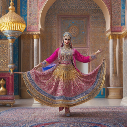 A vibrant illustration of a woman in a flowing, intricately patterned Middle Eastern-inspired costume, dancing in a majestic, ornate Arabic-style architecture setting, surrounded by colorful fabrics and exotic props.