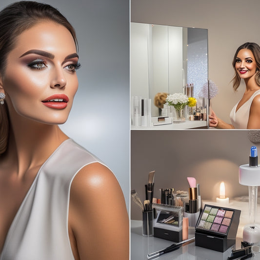 A beautifully lit, modern makeup studio with a sleek, white vanity and a stylish, smiling makeup artist standing in front of a city map, surrounded by various makeup tools and products.