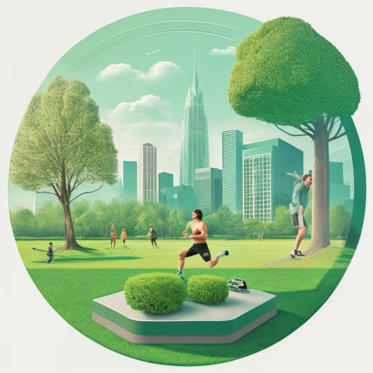 An illustration depicting a strong, active adult (mid-30s) in the center, surrounded by protective elements: a faint outline of a shield, a subtle grid of exercise equipment, and a subtle background of a cityscape with parks and green spaces.