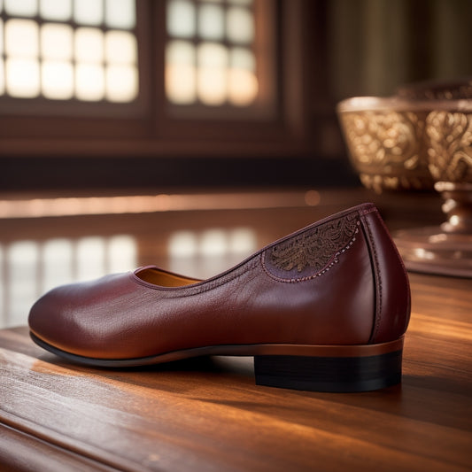 A close-up of elegant, high-quality dance shoes on a polished wooden floor, highlighting intricate stitching, soft leather, and flexible soles, surrounded by a soft spotlight that accentuates their craftsmanship and design.