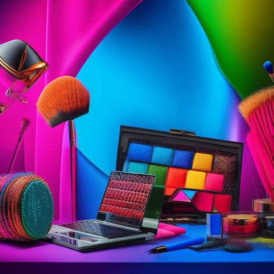 A vibrant, colorful illustration of a laptop surrounded by makeup brushes, palettes, and mirrors, with a dancing figure in the background, blending dance and makeup artistry.