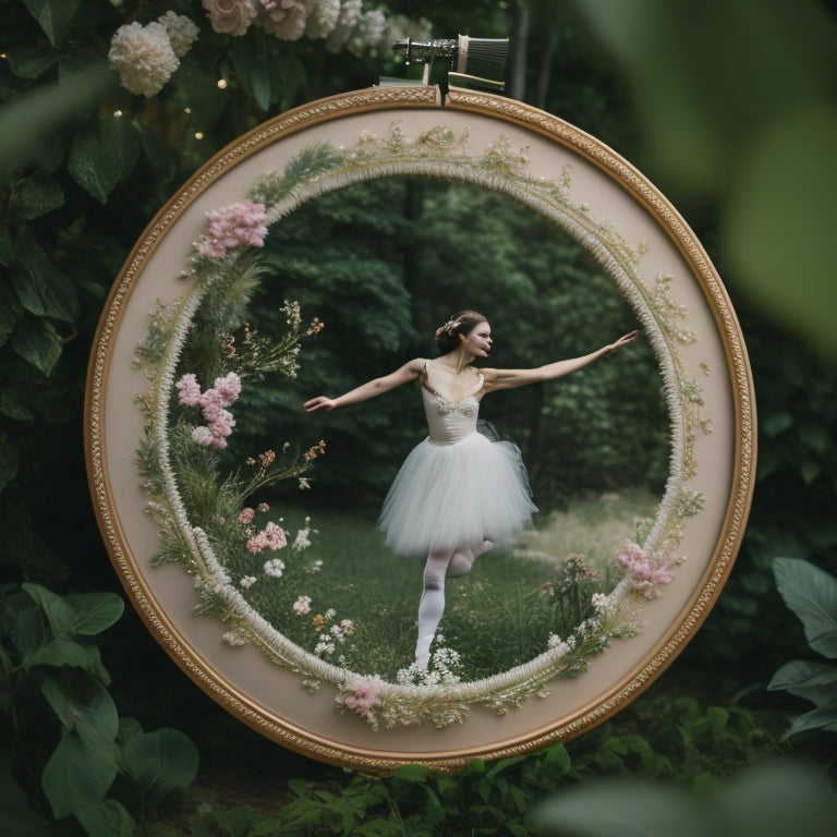 An intricately embroidered hoop featuring a delicate, whispy ballet dancer in a flowing white tutu, surrounded by lush greenery, vines, and subtle musical notes, all in shades of pale pink and gold.