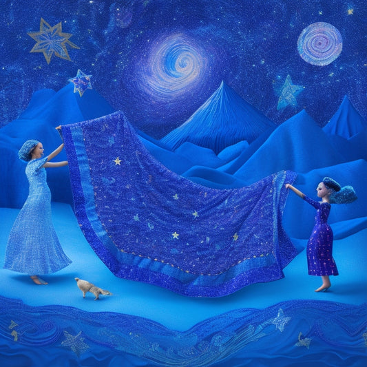 A whimsical illustration of a starry night sky with quilt blocks featuring dancing figures in shades of blue, purple, and silver, surrounded by swirling fabric scraps and threads.