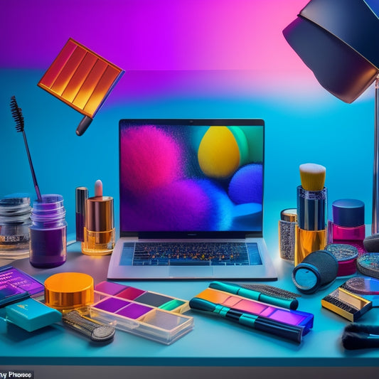 A colorful, modern illustration featuring a makeup artist's workstation with a laptop open to an online course platform, surrounded by makeup brushes, palettes, and mirrors, with subtle beauty industry icons in the background.