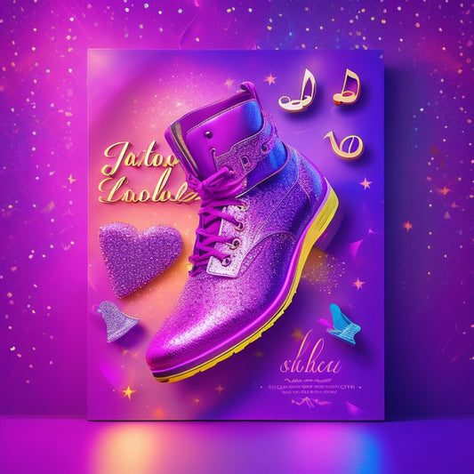 A vibrant, colorful illustration of a customizable dance school sign, featuring a pair of dancing shoes, musical notes, and confetti, set against a bright pink and purple ombre background.