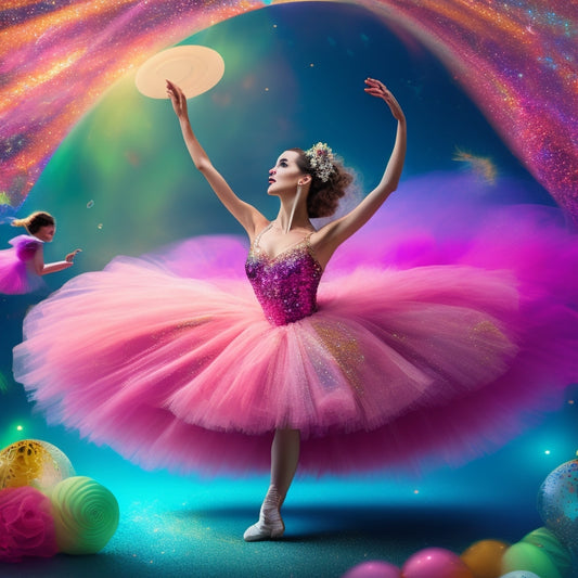 A whimsical illustration of a young dancer, surrounded by swirling shapes and colors, with ballet shoes and a tutu, amidst a soft, dreamy background with subtle music notes and sparkles.