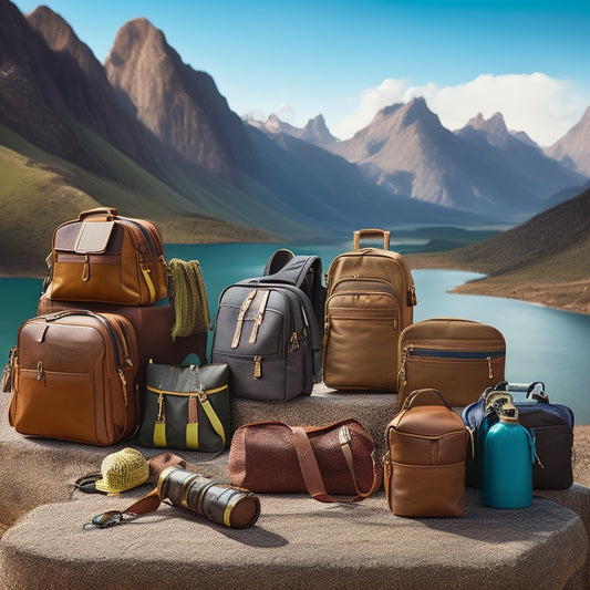 A vibrant travel scene featuring seven rugged bags in various textures and colors, set against a backdrop of mountains and a winding path, with scattered travel essentials like a compass, map, and water bottle.