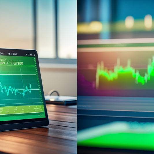 A split-screen image featuring a blurred background of a busy trading floor on the left, and a sleek, modern tablet on the right, displaying a simplified stock market graph with rising lines and green arrows.